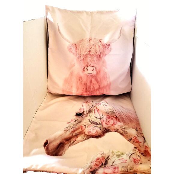 2 Pink 1 Highland Cow 1 Horse Pillowcase Covers Only 18" x 18" On Trend 2 Sided - Picture 2 of 8